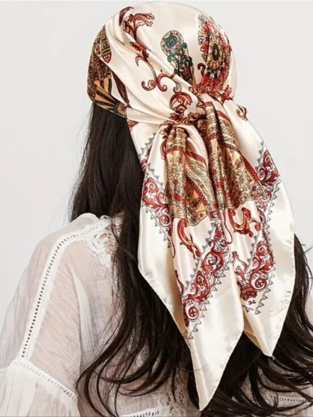 Cream & Red Printed Hair Scarf